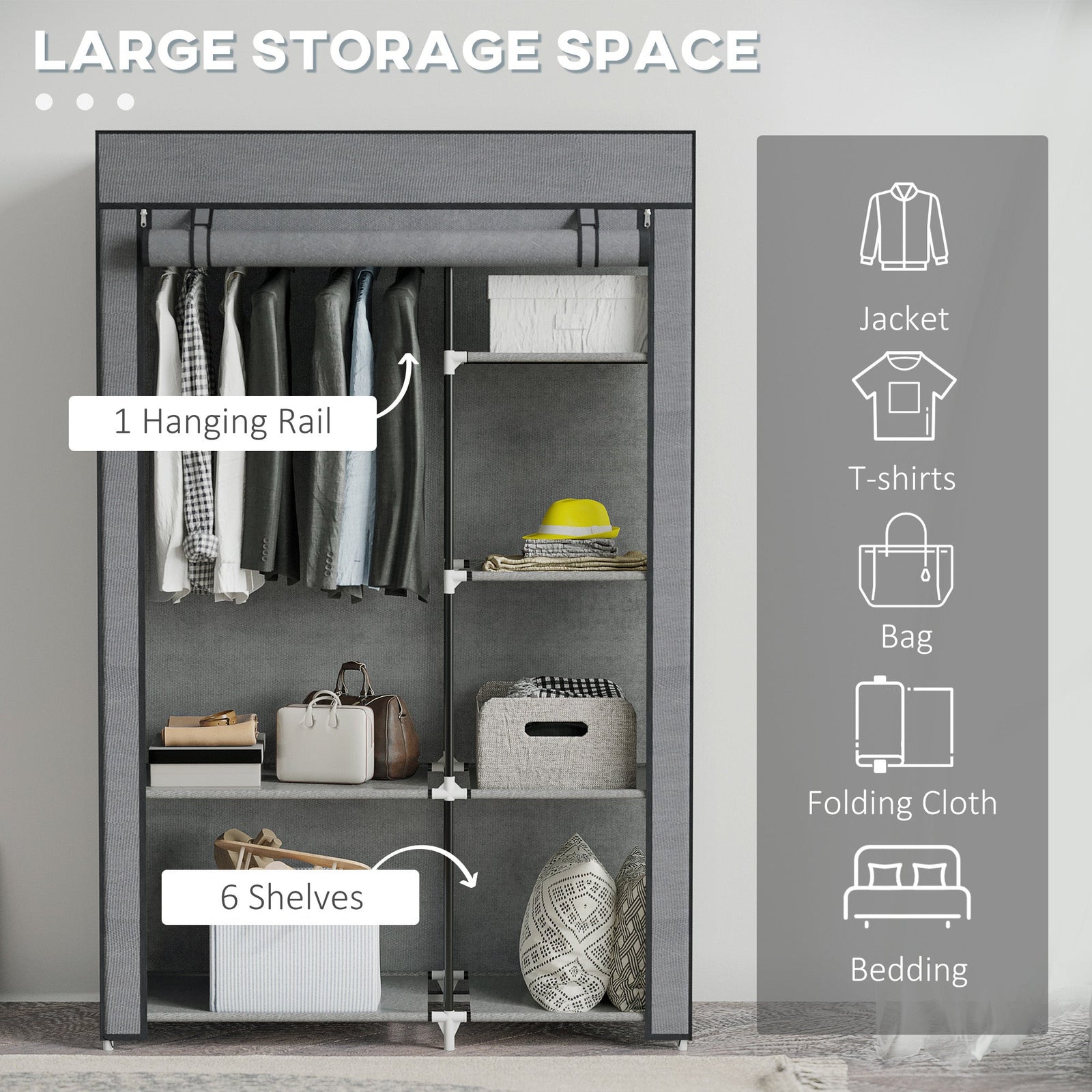 homcom rail and six shelf fabric wardrobe dark grey
