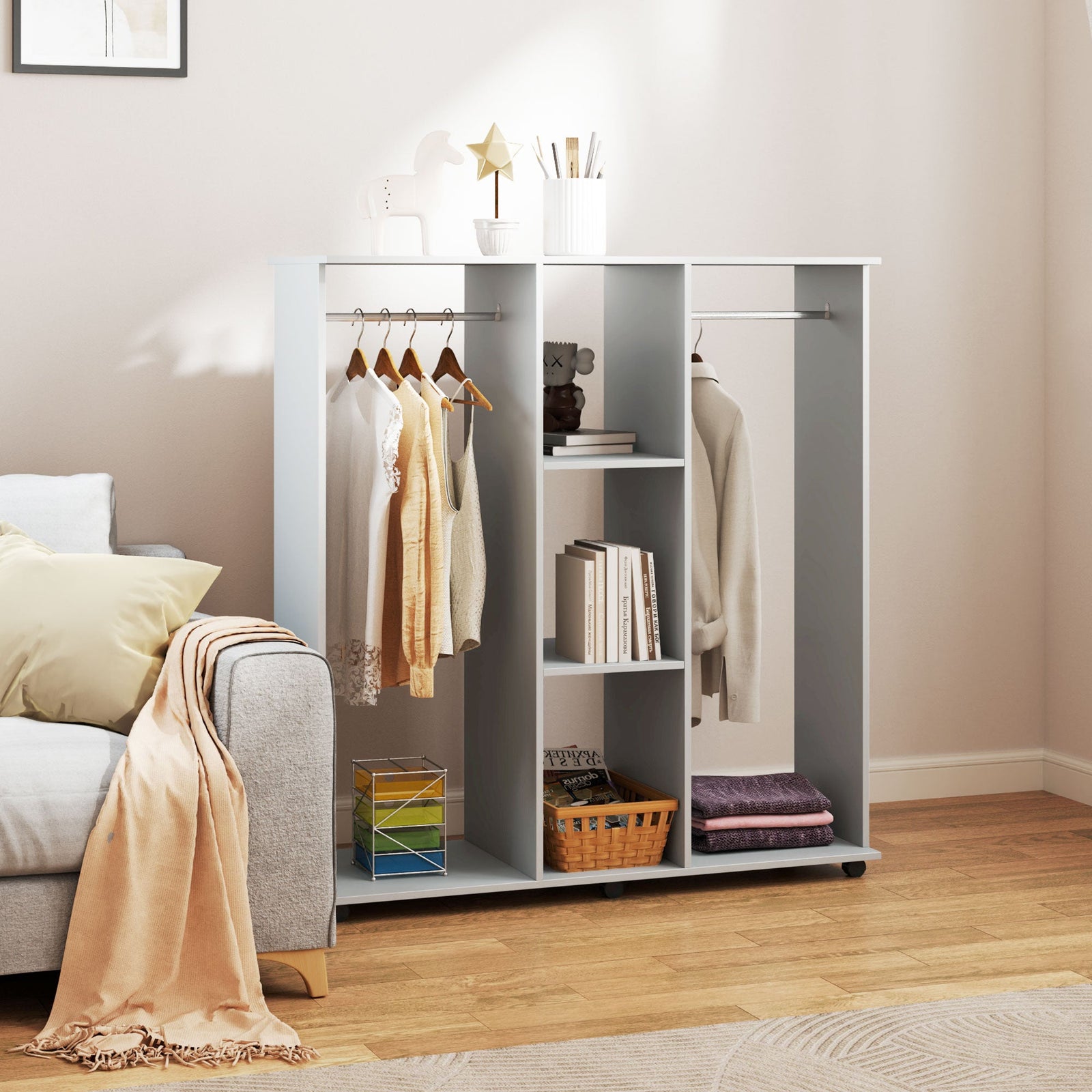 homcom open wardrobe double mobile storage shelves organizer w 6 wheels grey