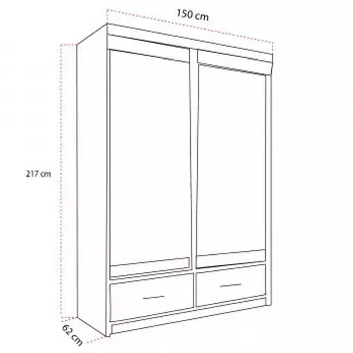 Line drawing of CHOICEWARDROBE NEWRY 150cm sliding door wardrobe in white with drawers, 150cm W x 217cm H x 62cm D.