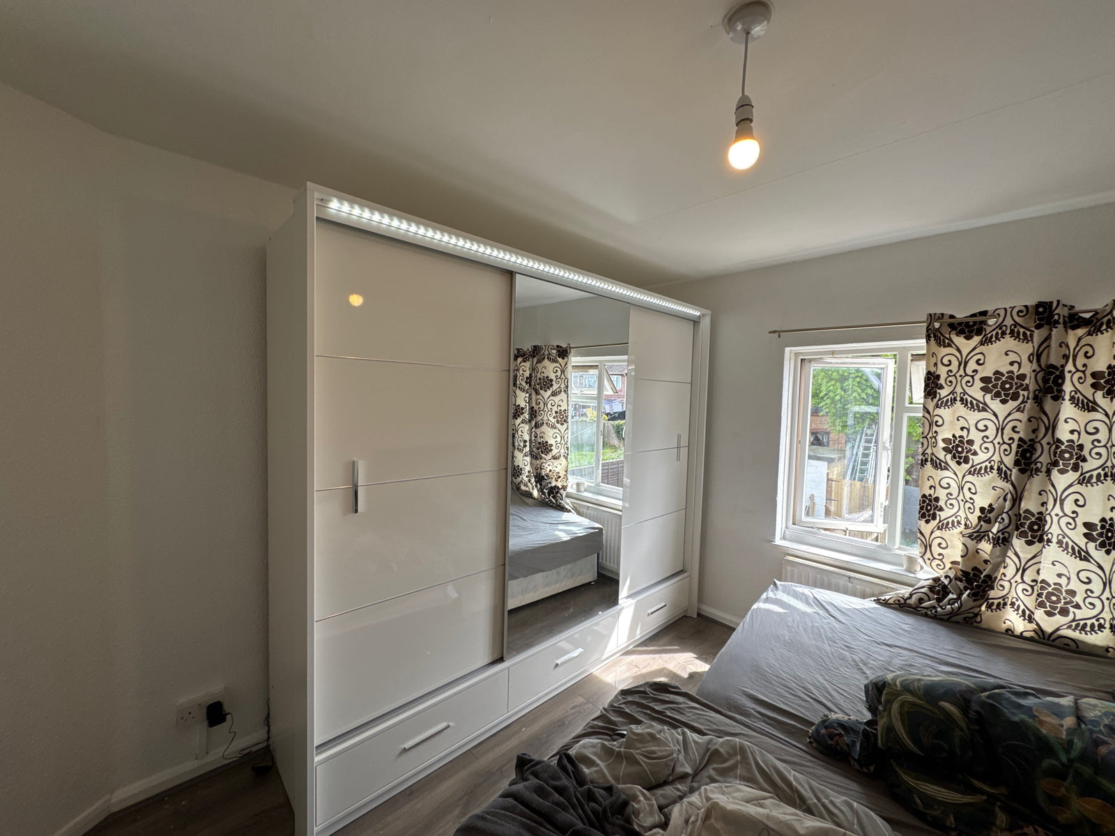 WARRINGTON 3 Door Mirrored Wardrobe White High Gloss 255cm with LED lighting
