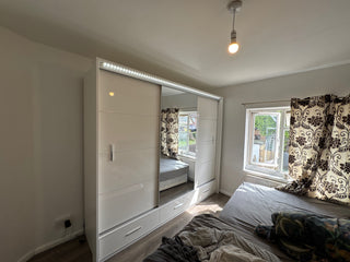 WARRINGTON 3 Door Mirrored Wardrobe White High Gloss 255cm with LED lighting