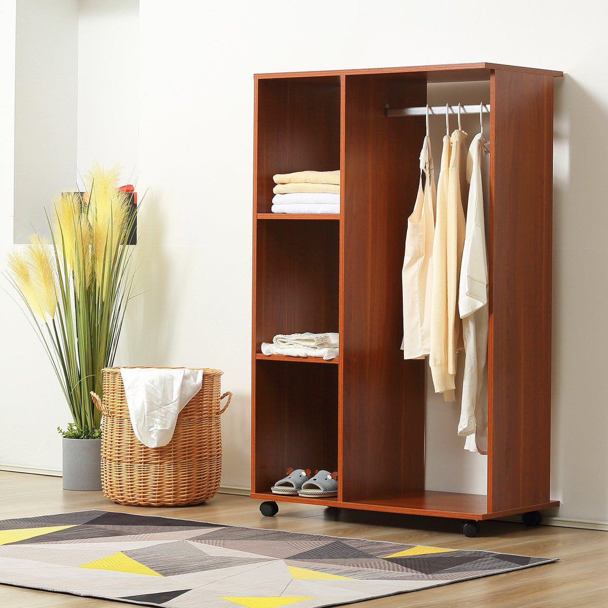 homcom open wardrobe on wheels bedroom wardrobe with clothes hanging rail 3 storage shelves mobile garment rack for cloakroom hallway walnut