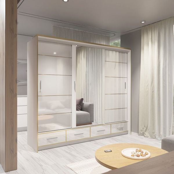 CHOICEWARDROBE Luxembourg 253cm 3-door sliding wardrobe in white gloss with mirrored panel