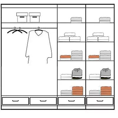 CHOICEWARDROBE Luxembourg 203cm sliding wardrobe line drawing, white gloss finish, mirrored doors, left hanging space, shelves, drawers.