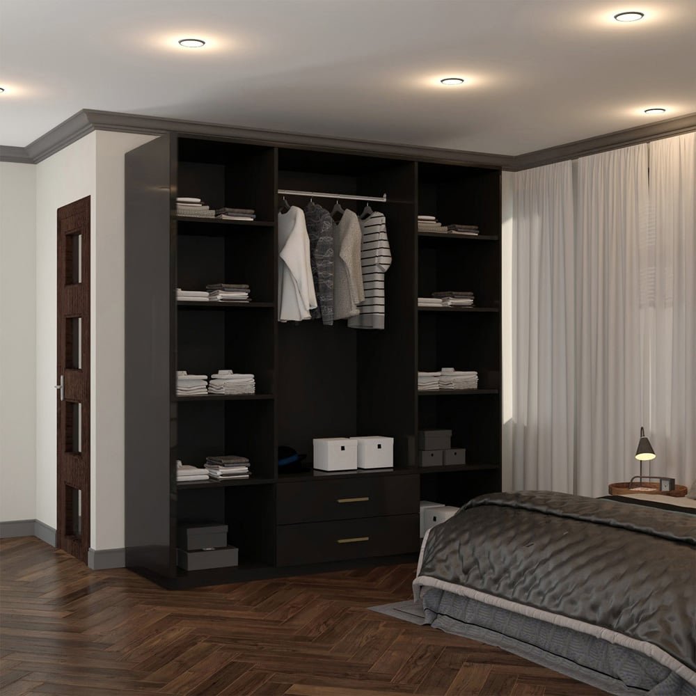 XD1 Black High Gloss 160cm wardrobe with 4 doors, 2 drawers, and gold handles