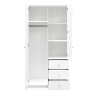 ELVIRO 100cm white 2-door wardrobe with mirrored door, hanging rail, shelves and 3 gold-knob drawers