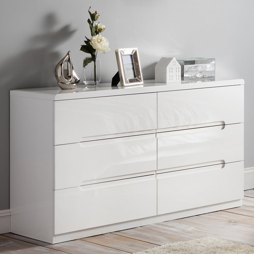 Manhattan 6 drawer white high gloss wide chest of drawers