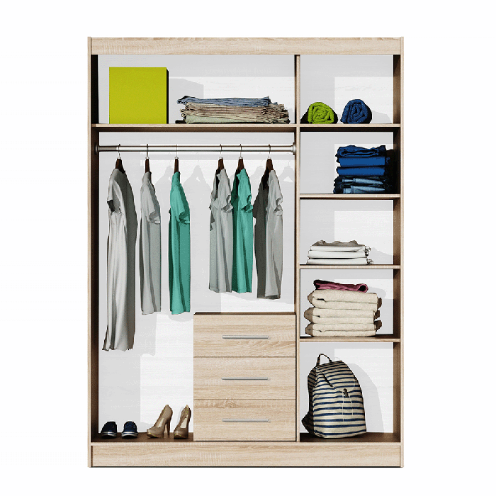 Light wood effect wardrobe interior with hanging clothes and three drawers