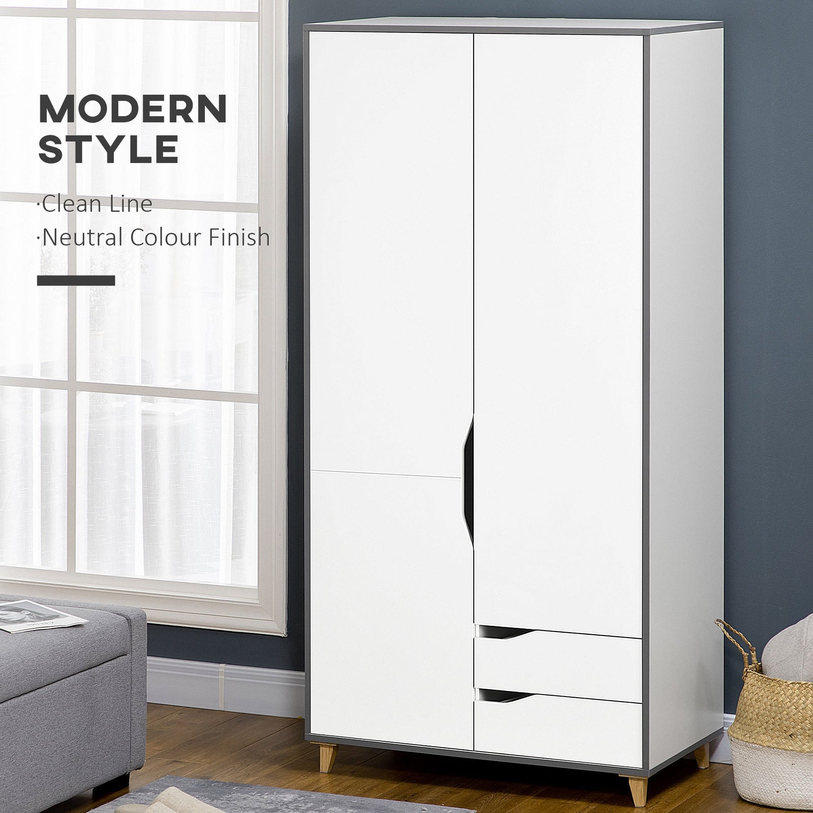 homcom bedroom furniture set wardrobe with hanging rail 3 drawer chest of drawers with cut out handles grey and white