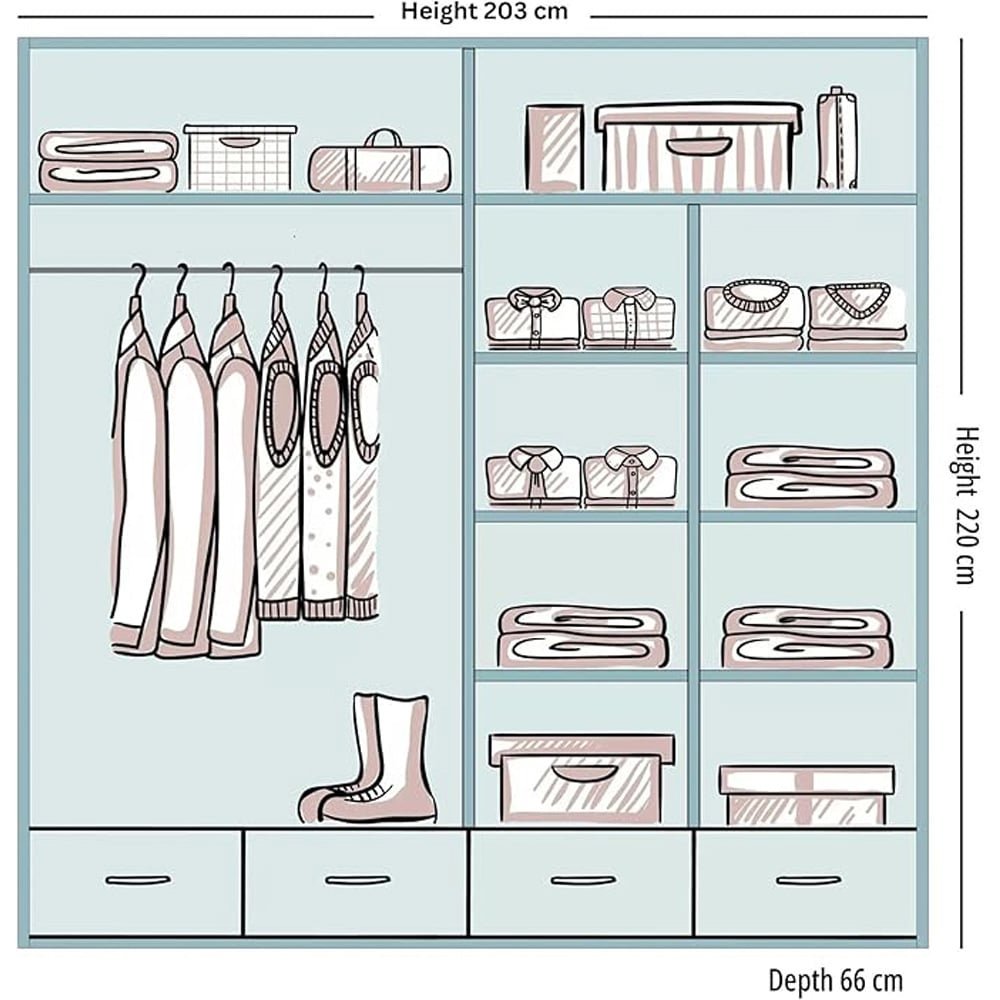 CHOICEWARDROBE 203cm sliding wardrobe diagram with hanging space, shelves, and 3 drawers. Black finish, central mirrored panel.