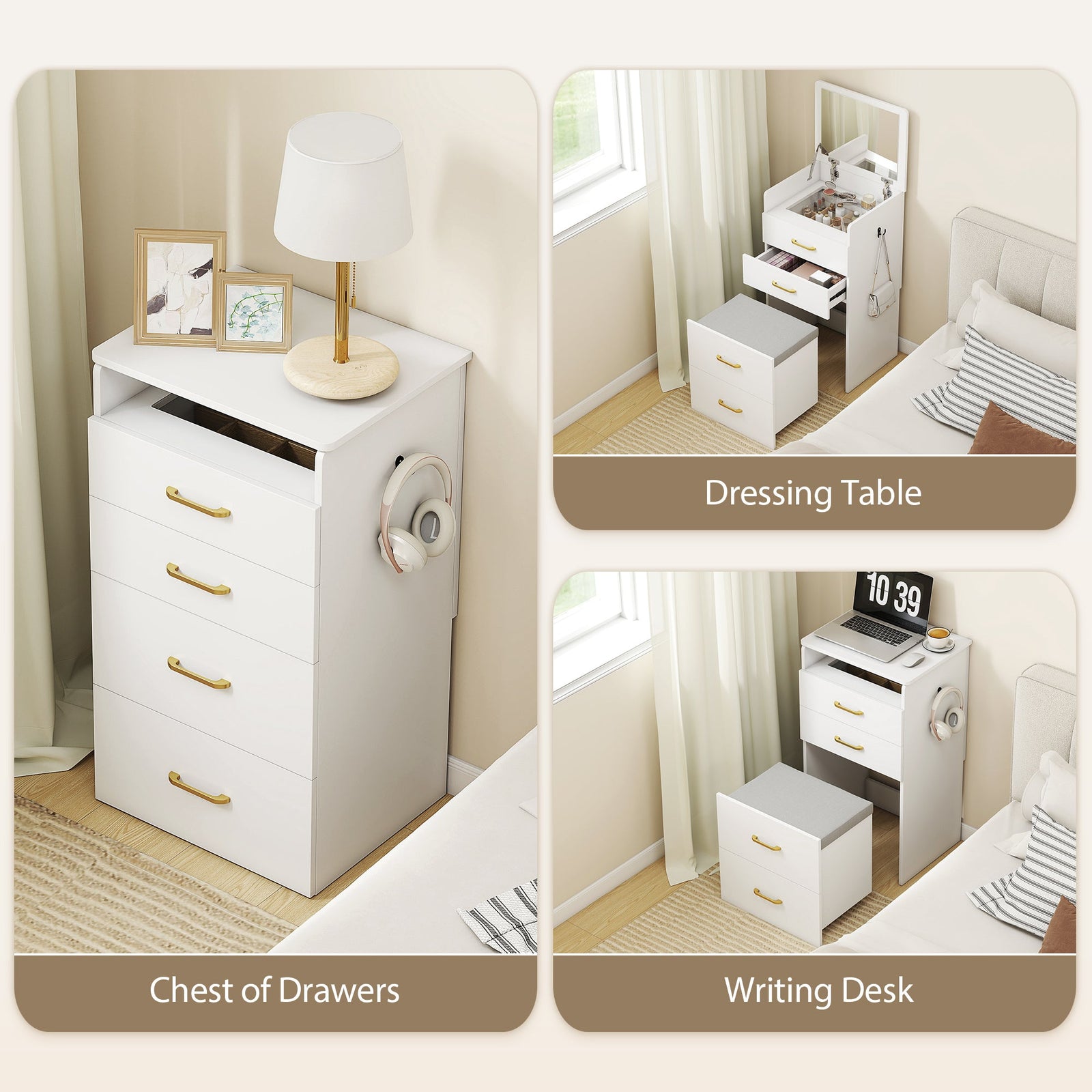 homcom compact dressing table and stool set with storage white