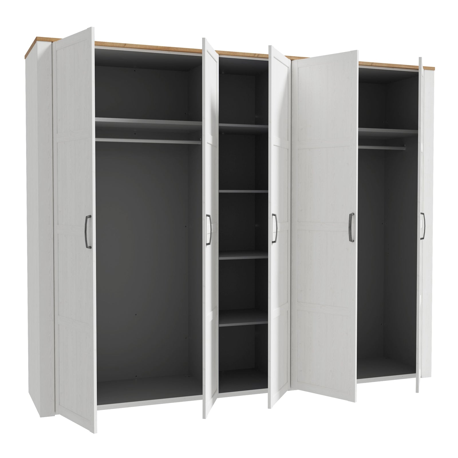 BUENOS 5 door wardrobe in white and oak finish with open doors