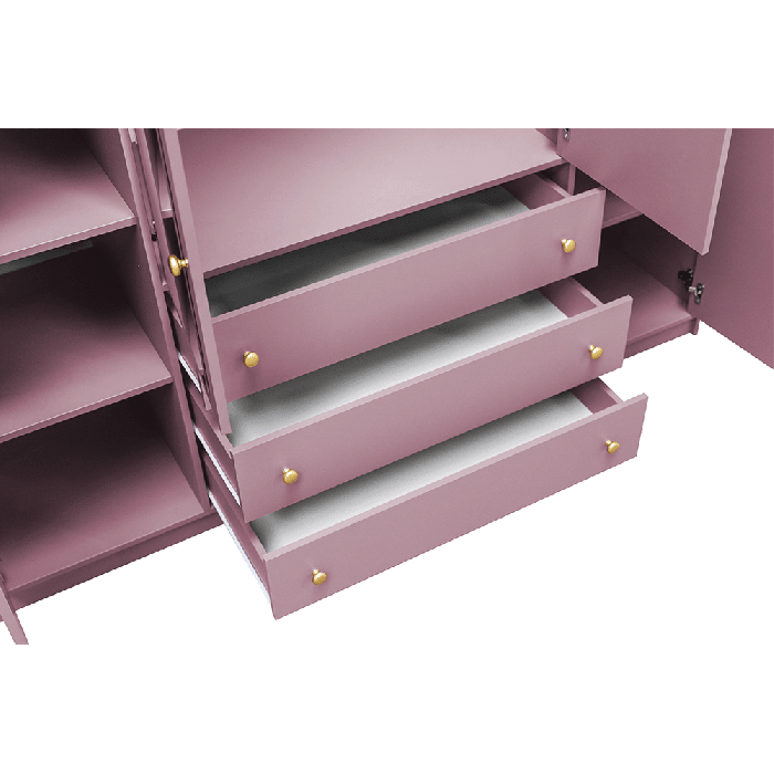 Purple ELVIRO wardrobe with 3 open drawers featuring gold knobs