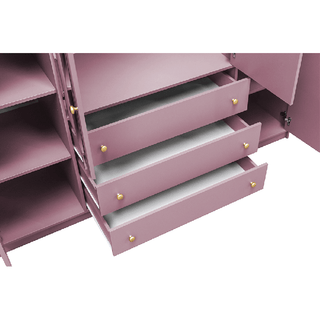 Purple ELVIRO wardrobe with 3 open drawers featuring gold knobs