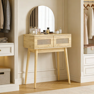 homcom dressing table compact vanity desk with mirror and 2 drawers natural wood finish