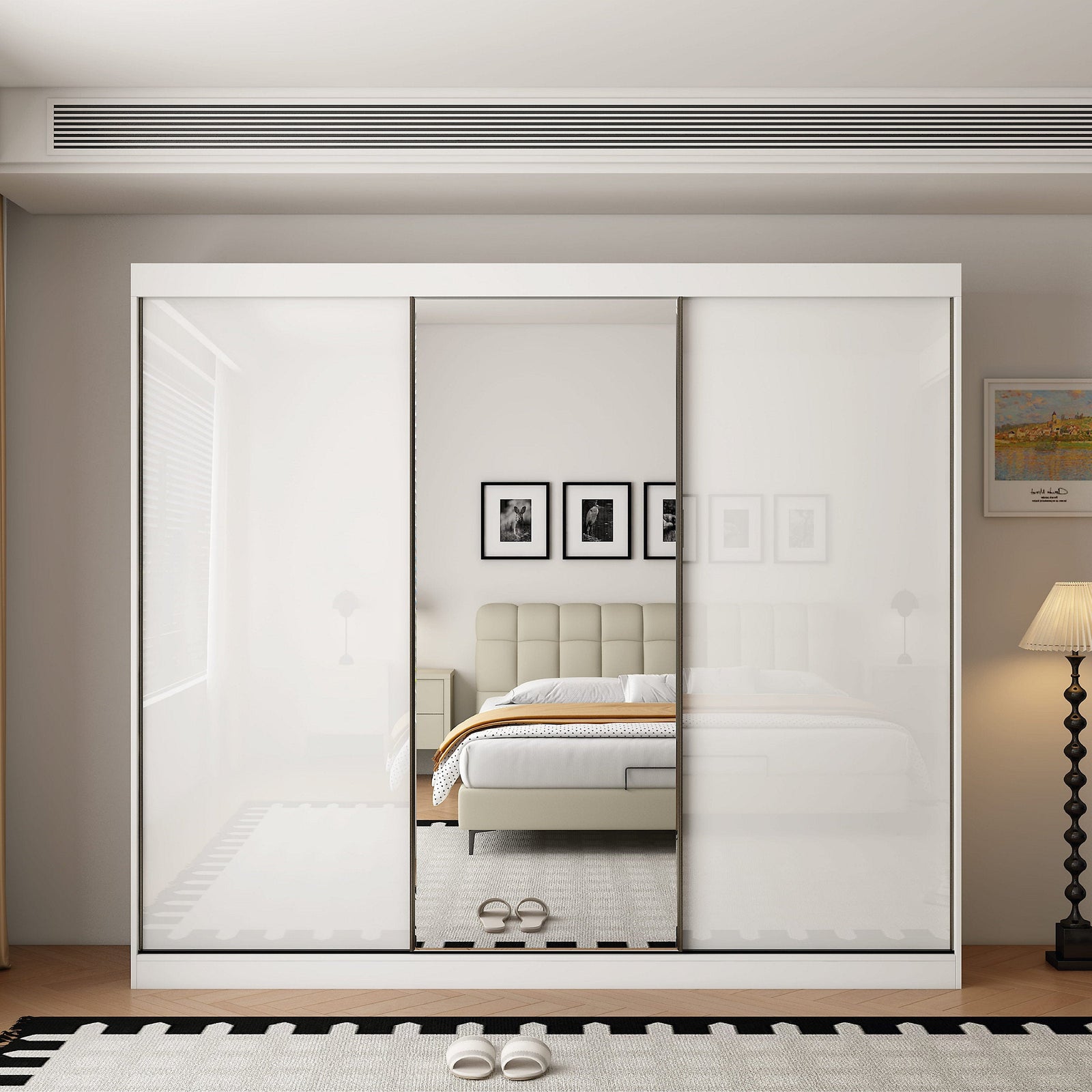250cm 3 door white gloss sliding wardrobe with mirrored centre door