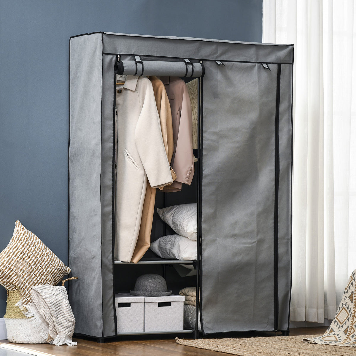 homcom steel frame fabric wardrobe with rail and shelves light grey