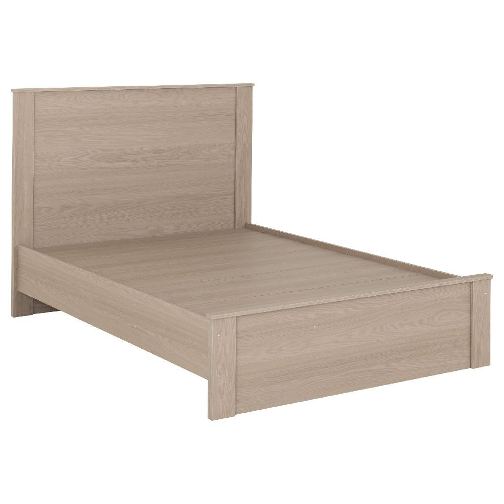 Palmyra double bed in smoked ash wood, simple rectangular design with tall headboard and low footboard.