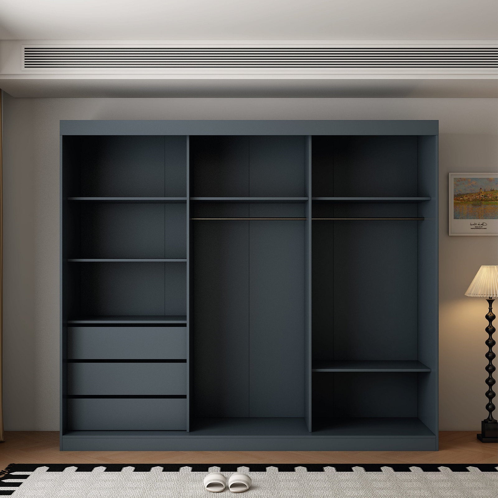 Berlin 250cm 3 door dark grey sliding wardrobe with mirrored centre door.
