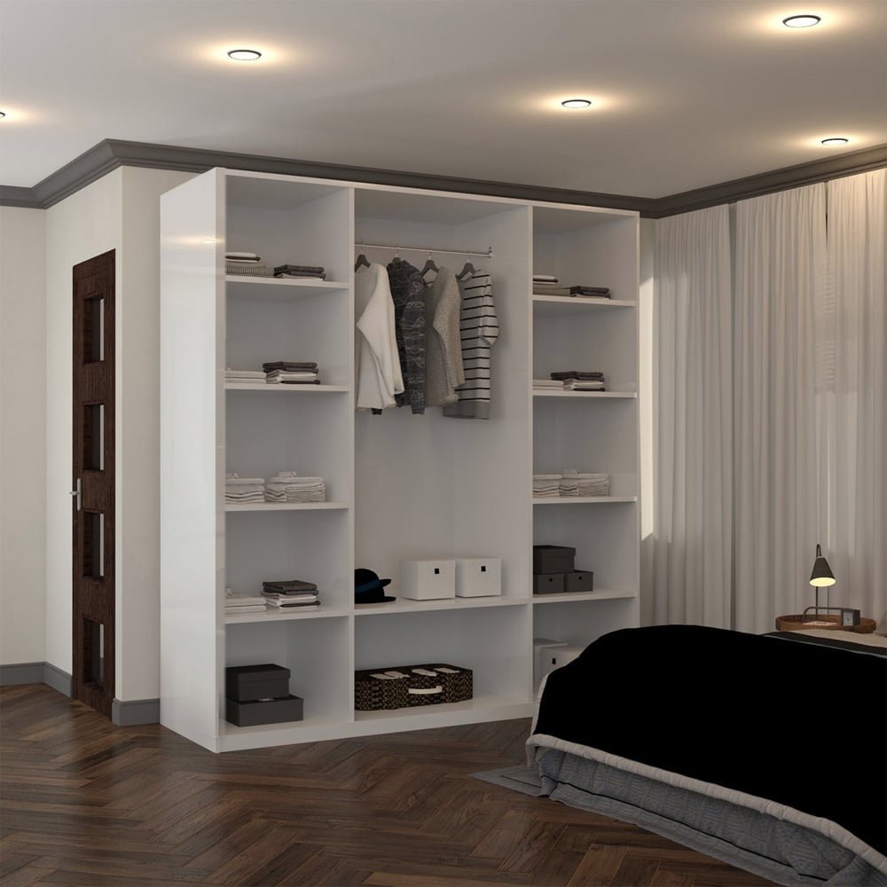 White high gloss 4 door wardrobe with mirrored doors, internal shelving, and drawers.