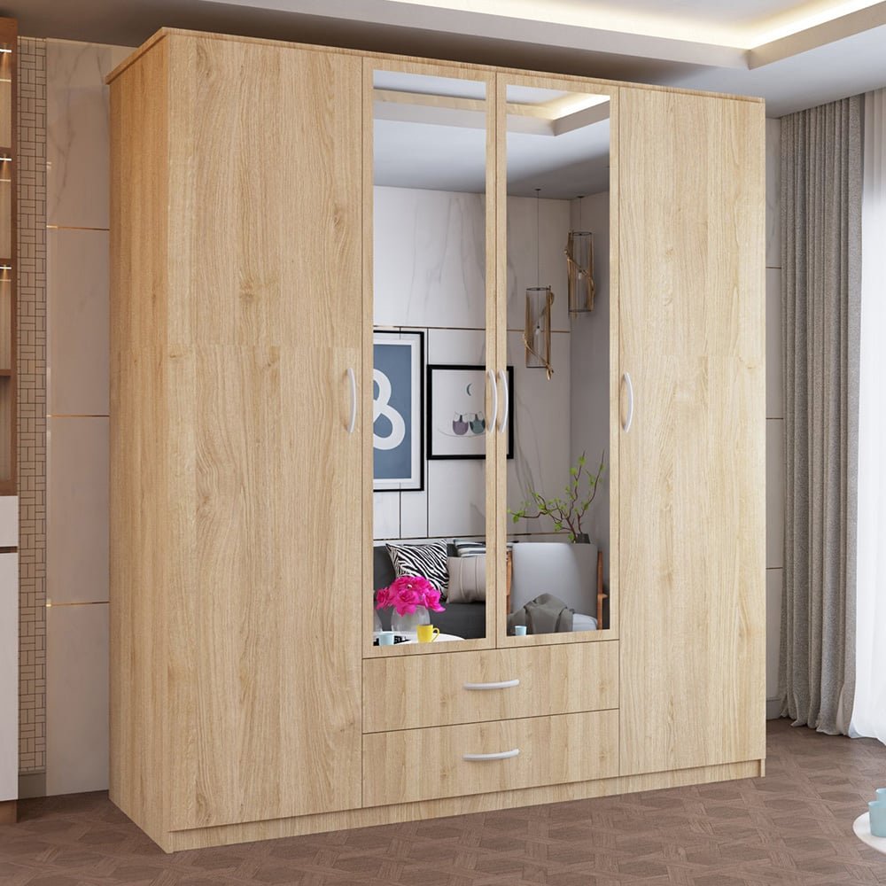 4-door hinged oak effect wardrobe with mirrored central doors and 2 drawers. CHOICEWARDROBE LONDON.