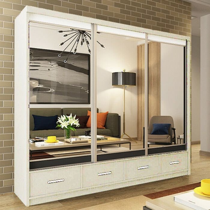 CHOICEWARDROBE Newry 250cm white sliding door wardrobe with full-length mirrored doors reflecting a living space.