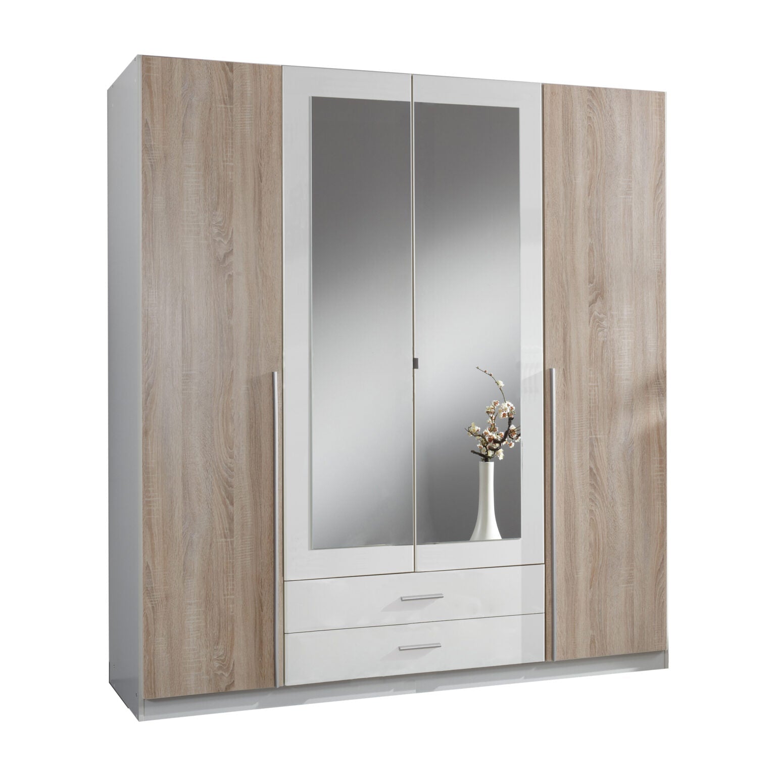 White and oak effect 4 door wardrobe with mirrored centre doors and two drawers.