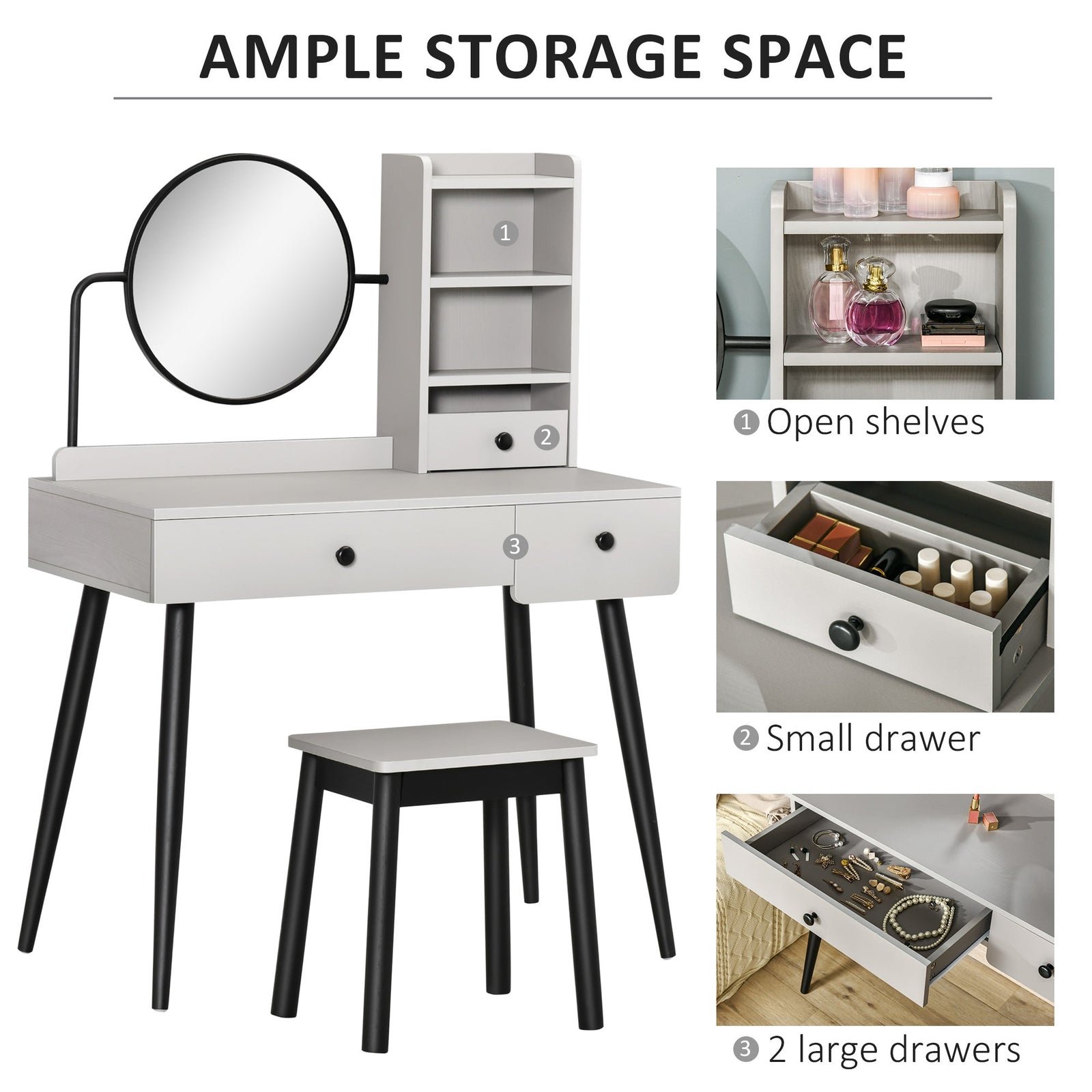 homcom dressing table set with mirror and stool vanity makeup table with 3 drawers and open shelves for bedroom living room grey