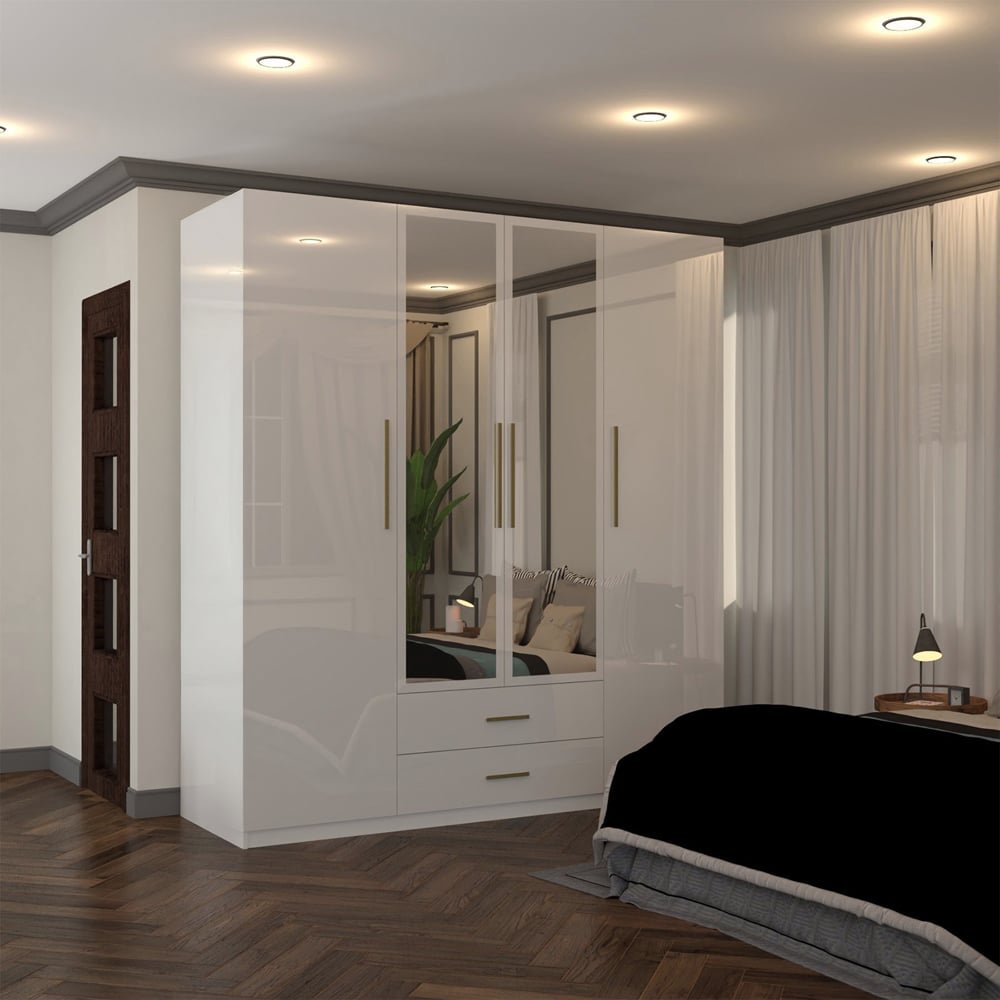 XD1 White High Gloss 160cm Wardrobe with 4 mirrored doors and 2 drawers.