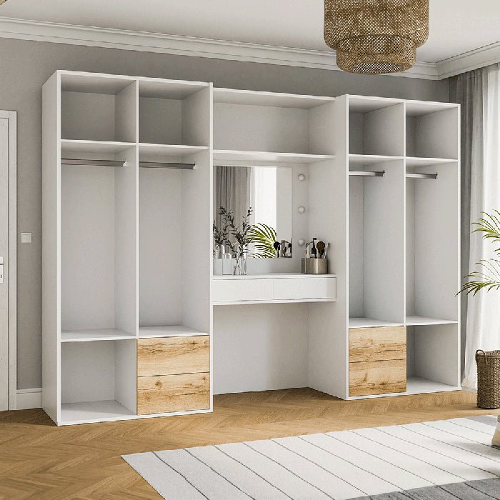 BRAVYN 300cm 6 door white wardrobe with oak drawers and dressing table