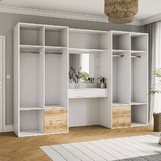BRAVYN 300cm 6 door white wardrobe with oak drawers and dressing table
