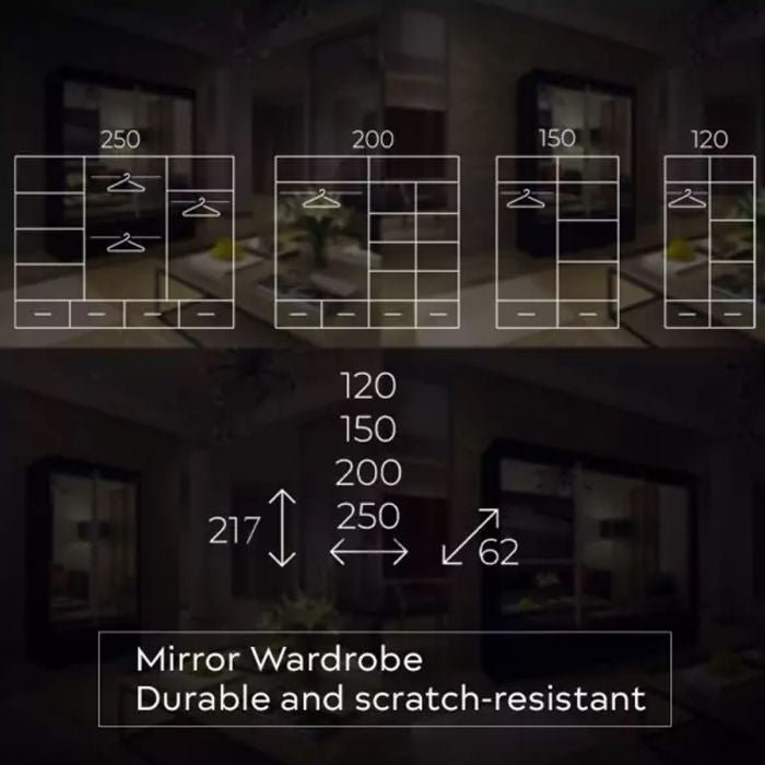 CHOICEWARDROBE NEWRY 3 door mirrored sliding wardrobe diagram with dimensions 250cm W x 217cm H x 62cm D.