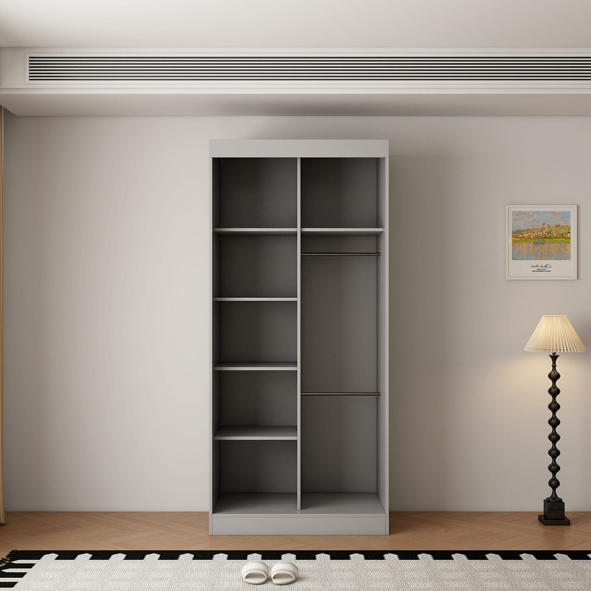 Light grey 100cm 2-door sliding wardrobe with a mirrored door and internal shelves