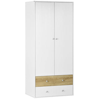 homcom 2 door wardrobe with 2 drawers hanging rod and anti tipping straps for bedroom clothes storage organisation white