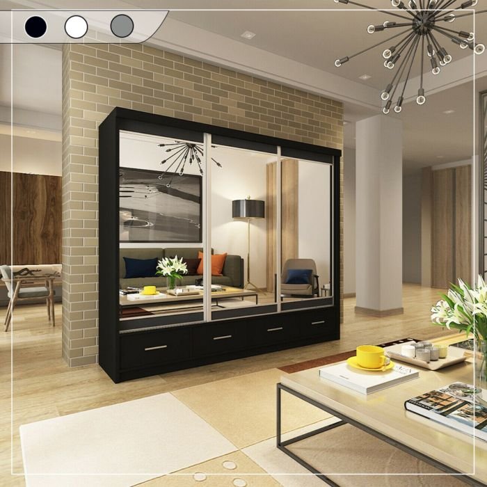CHOICEWARDROBE NEWRY 3 Door Mirrored Sliding Wardrobe in black finish, reflecting a sofa and contemporary interior.