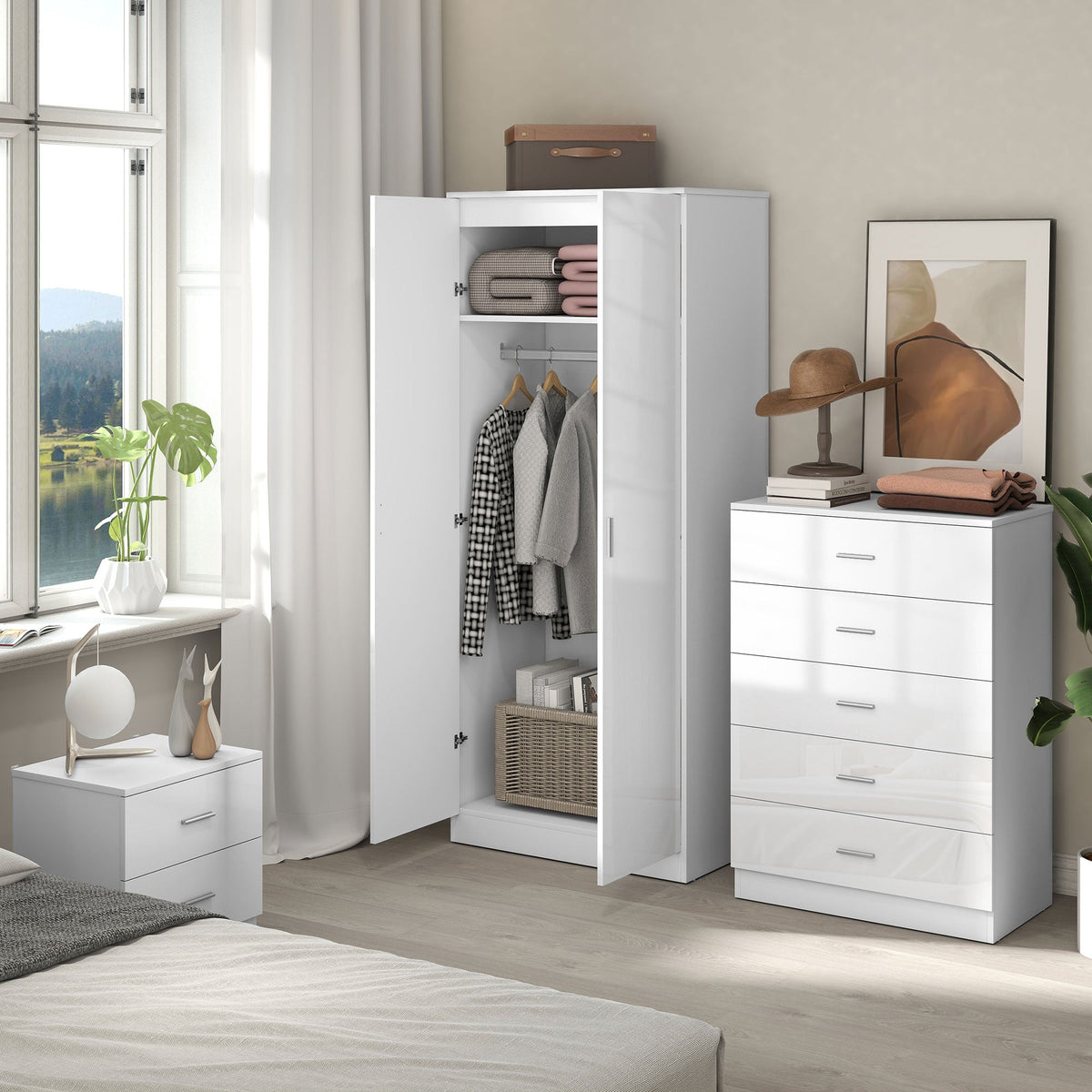 homcom high gloss 3 piece trio bedroom furniture set wardrobe chest of drawer bedside white