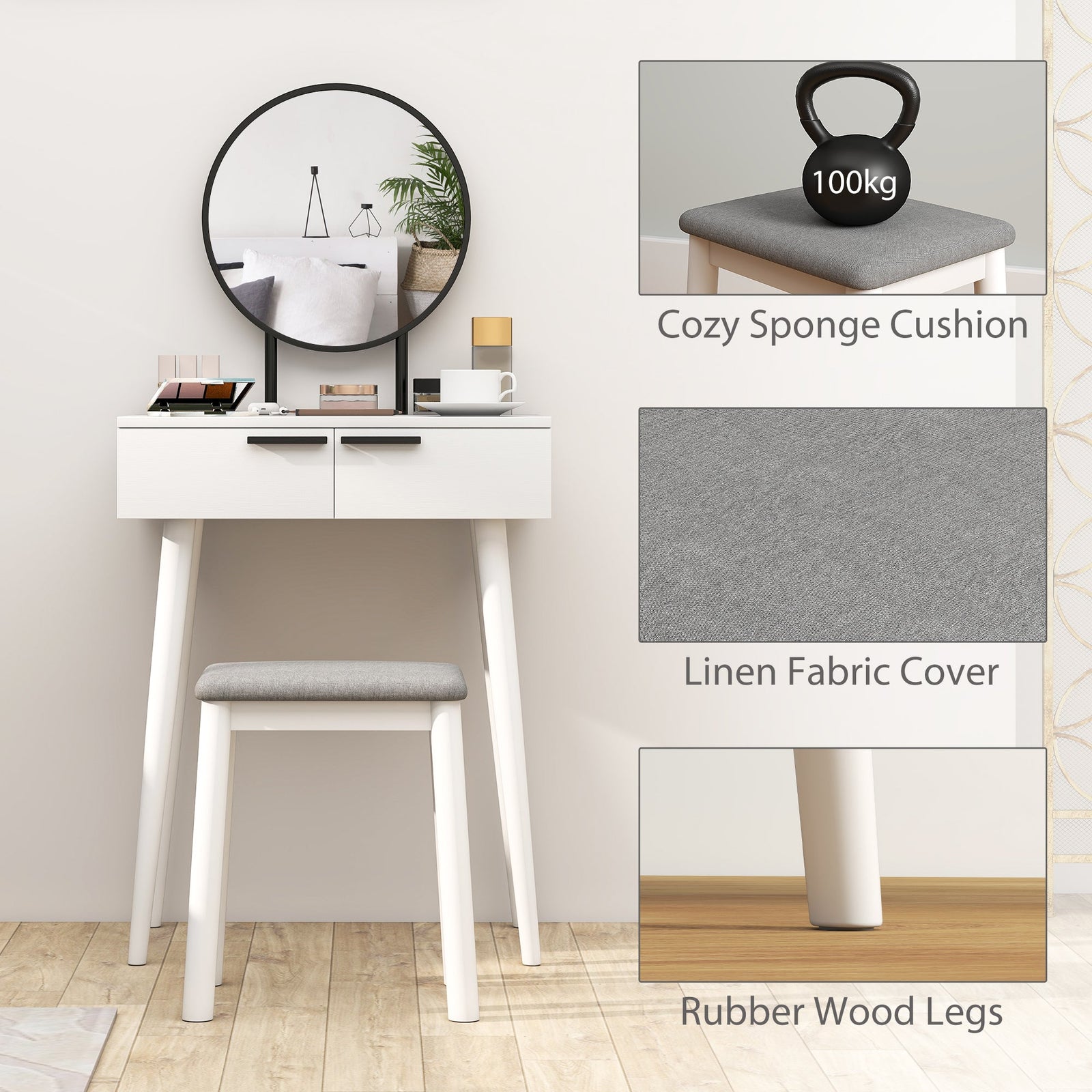 homcom modern dressing table with round mirror and stool makeup vanity table with 2 drawers for bedroom living room 60 x 40 x 123 cm white