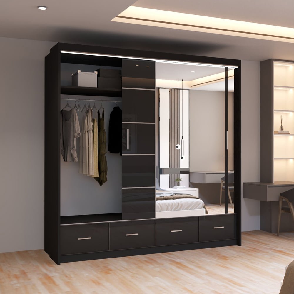 CHOICEWARDROBE Sycylia 203cm black high gloss sliding door wardrobe with mirrored panel and drawers.