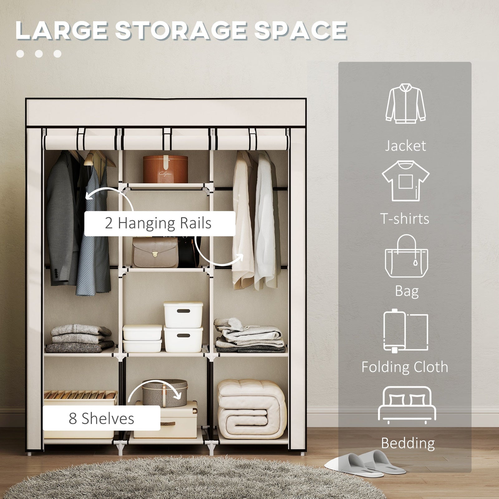 homcom fabric wardrobe with rails and shelves cream white