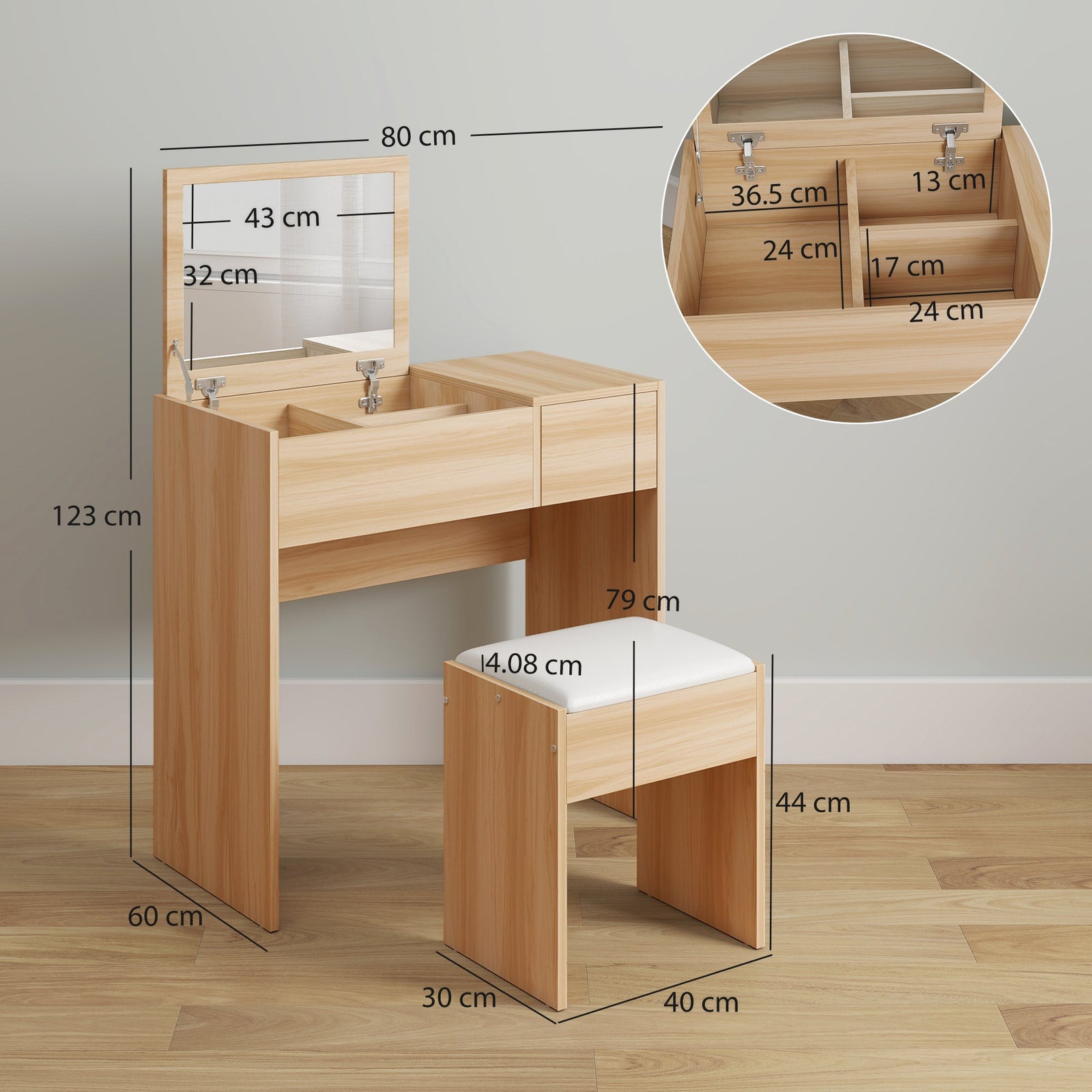 homcom dressing table with flip up mirror and cushioned stool makeup vanity desk with hidden compartments and storage drawer convertible writing table for bedroom natural