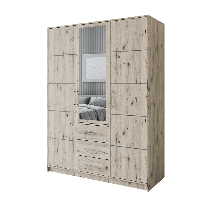 BARNSLEY 3 door mirrored wardrobe with 3 drawers in Oak Wellington finish