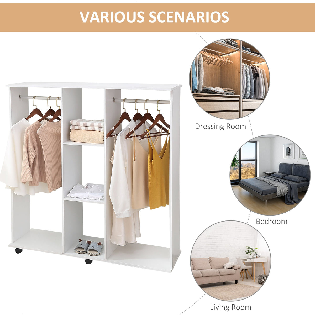 homcom open wardrobe double mobile storage shelves organizer w 6 wheels white