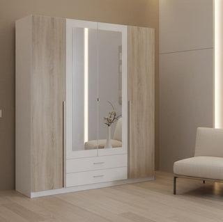 Mandy 4 door wardrobe in white and oak effect with mirrored centre doors and two drawers.