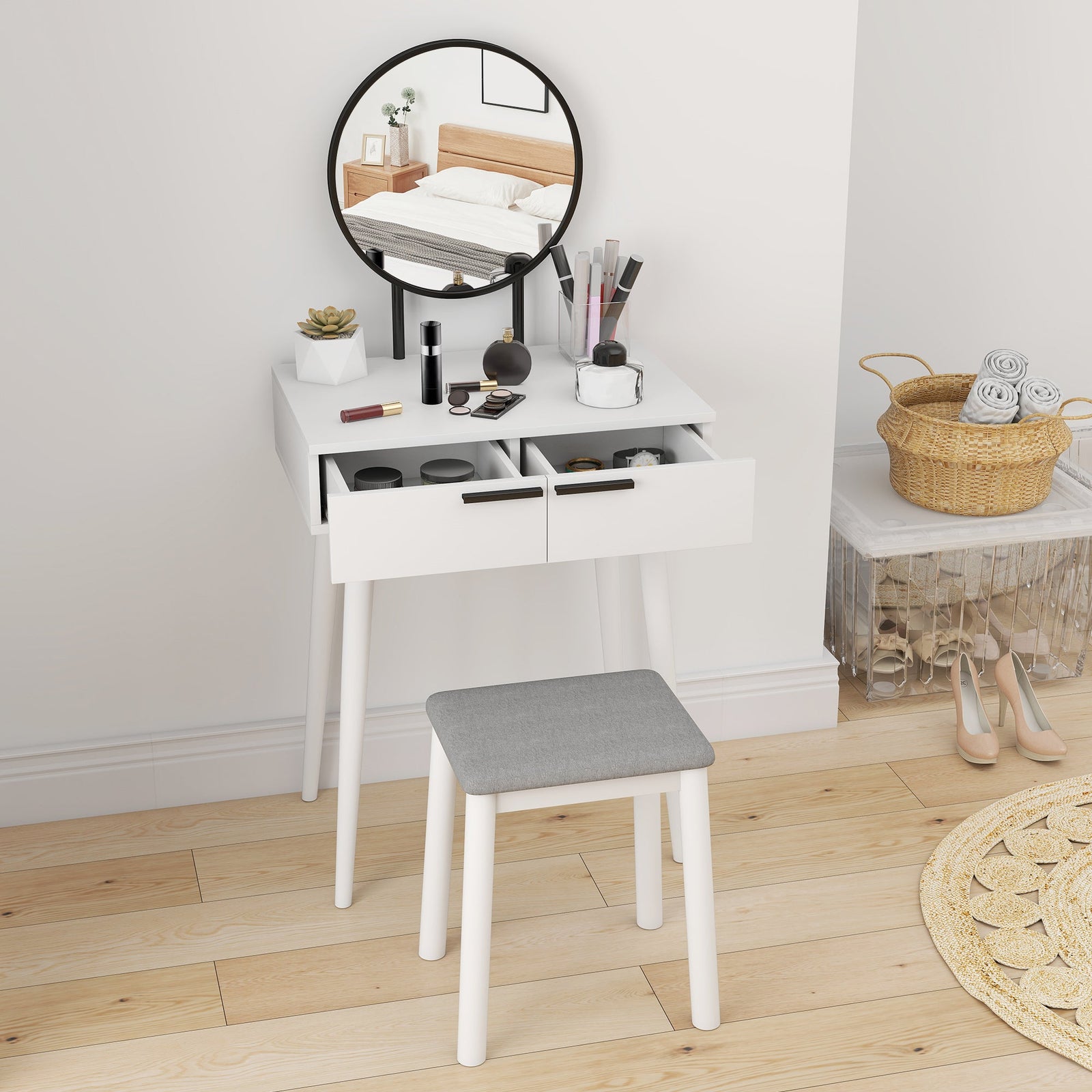 homcom modern dressing table with round mirror and stool makeup vanity table with 2 drawers for bedroom living room 60 x 40 x 123 cm white
