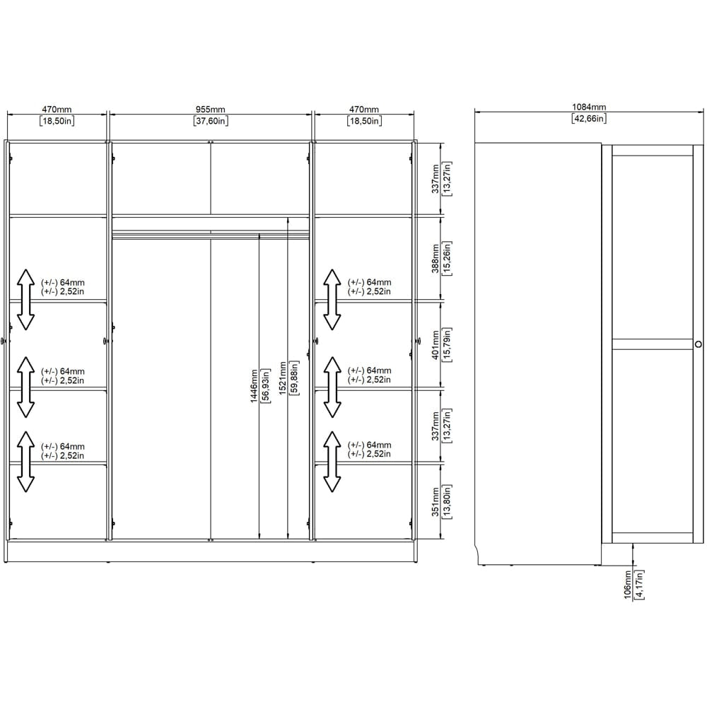 Florence Brande 4 Door Wardrobe dimensions diagram technical drawing showing internal layout and measurements.