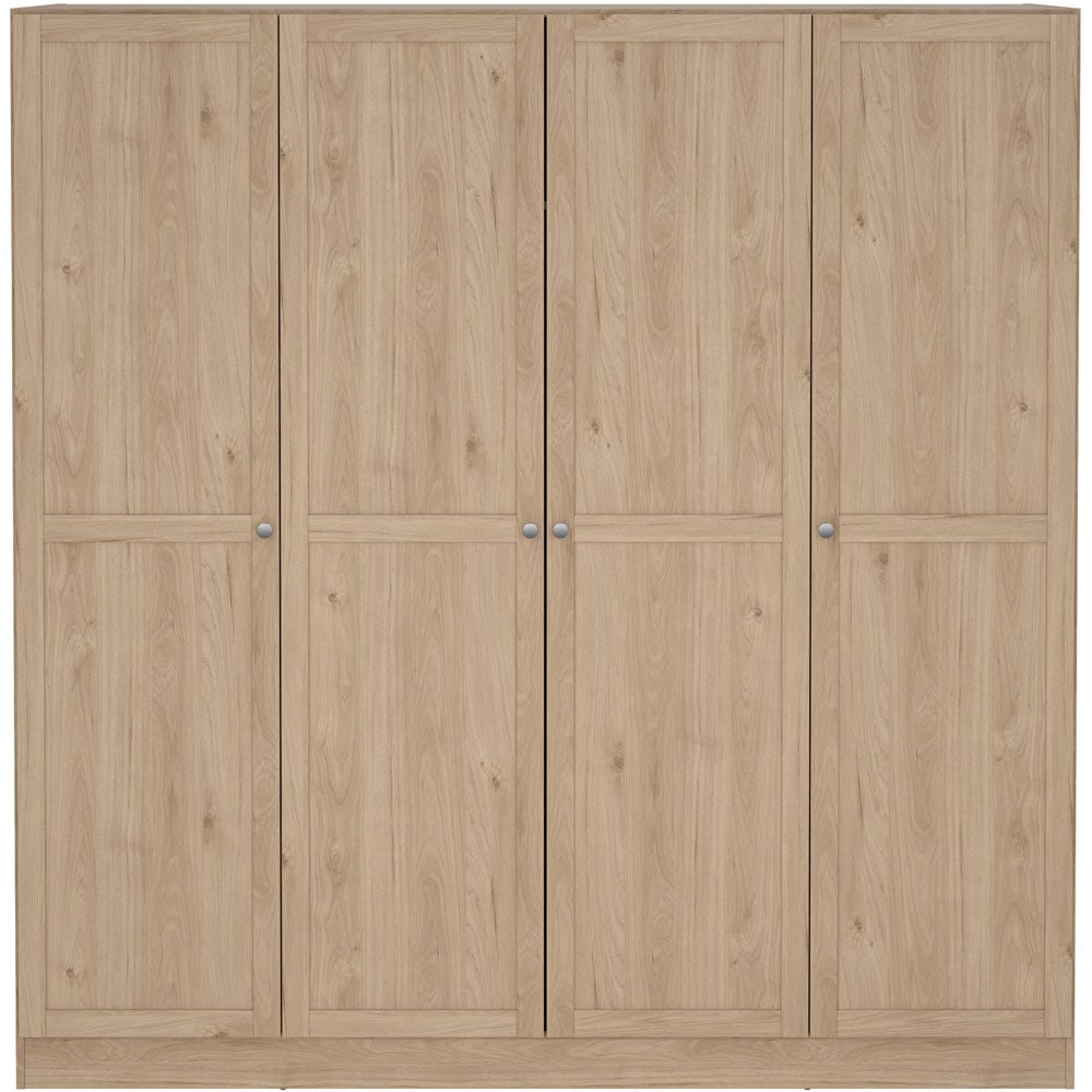 Florence Brande 4 Door Jackson Hickory Oak Wardrobe with round metal knobs and wood grain finish.