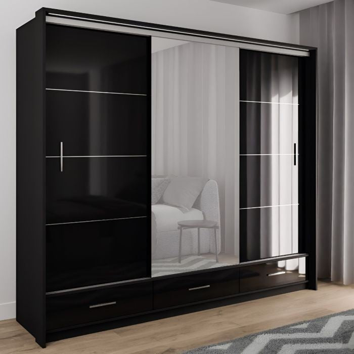 Black high gloss 3-door sliding wardrobe with mirrored centre door and three base drawers.