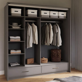 Graphite Grey Matt 2-door sliding wardrobe 208cm open view with shelves, hanging rails, and drawers