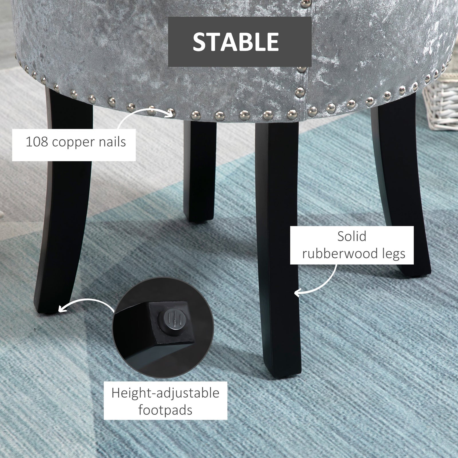 homcom dressing table stool with rubber wood legs ice velvet vanity stool for living room bedroom grey