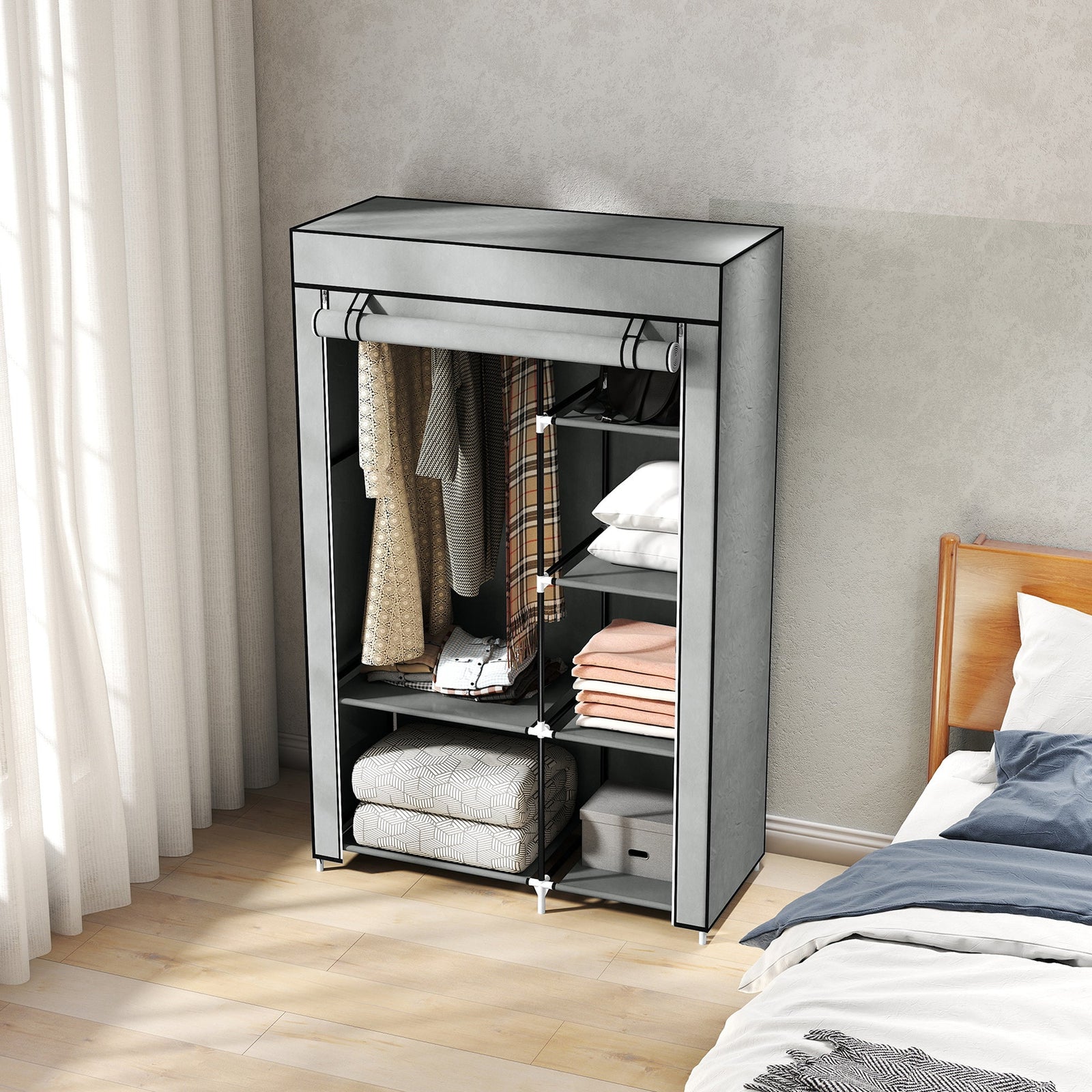 homcom fabric wardrobe portable wardrobe with 6 shelves 1 hanging rail foldable closets 103 x 43 x 162 5 cm light grey